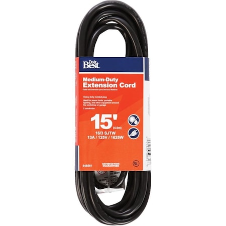 All-Source SJTW Extension Cord, 16 AWG, Outdoor, 16/3, 1 Outlets, Black, 15 ft OU-JTW163-15-BL